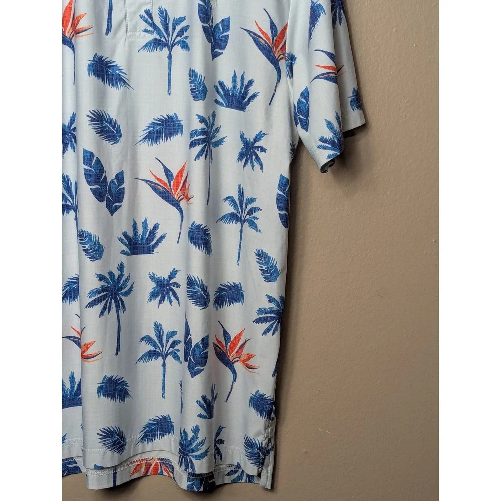 Sunday Crew Polo Shirt Mens XL White Blue Tropical Palm Bird of Paradise UPF 50+